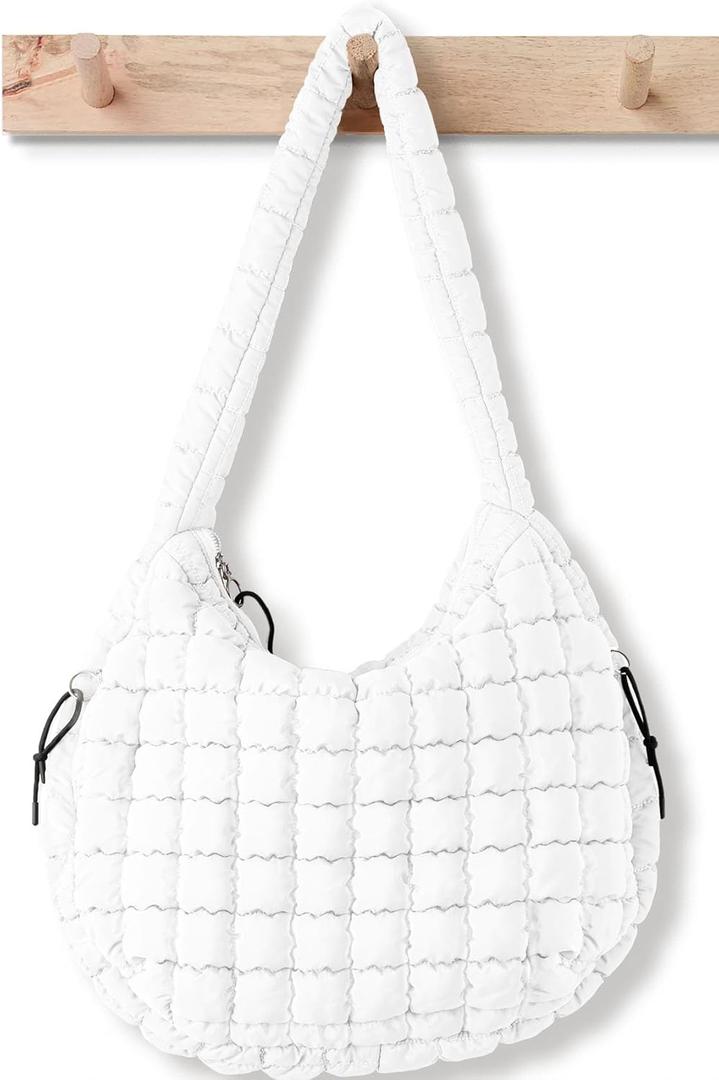 Puffer Tote Bag for Women Large Quilted Tote Bag Quilted Carryall Bag Soft Puffy Crossbody Bag Hobo Handbags Puff Purse (White)