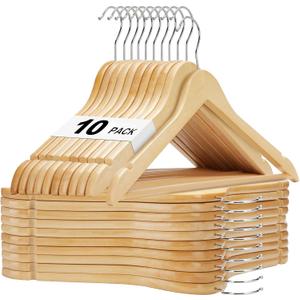 HOUSE DAY Wooden Hangers 10 Pack, Solid Wood Hanger with Non Slip Pant Bar, Heavy Duty Wooden Coat Hanger for Closet, Smooth Finish Wood Clothes Hangers for Shirts, Suits, Jackets, Dress, Natural