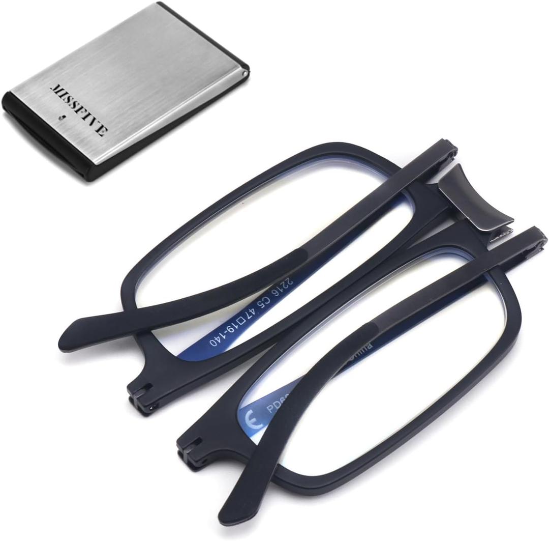 Missfive Premium Folding Reading Glasses Blue Light Blocking for Men Women, Ultra Thin Foldable Portable Travel Readers with Durable Pocket Metal Case, Black Lightweight Compact Eyewear 1.75x