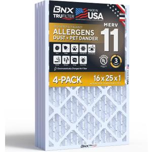 BNX TruFilter 16x25x1 Air Filter MERV 11 Allergy, Dust & Pet Defense 4-Pack