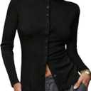 SOLY HUX Women's Button Down T Shirt Mock Neck Long Sleeve Tee Fitted Casual Fall Tops (M)