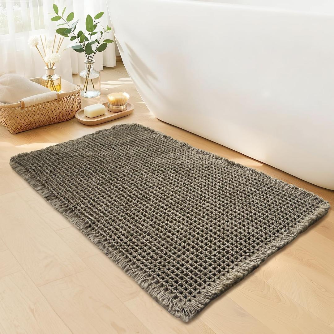 Waffle Bath Mat - Boho Bathroom Rugs Non Slip Washable, Super Absorbent & Quick Dry, Soft Bath Mat Farmhouse Bathroom Decor, 24'' x 36'', Olive Green