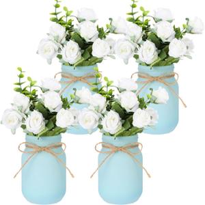 Suncalla Blue 4 Sets Mason Jar Table Centerpieces with Artificial Rose Flowers, Farmhouse Wedding Floral Centerpieces Decor for Table Bridal Baby Shower Tea Party Rustic Decor