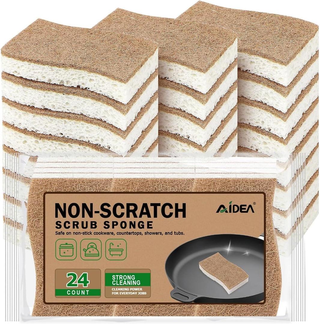 AIDEA Sponges Non Scratch, 24Count, Natural Sponge for Non Stick Cookware, Sponges Kitchen, Cellulose Scrub Sponge for Dishes, Cleaning Power for Kitchen, Bathroom, Household (Brown)