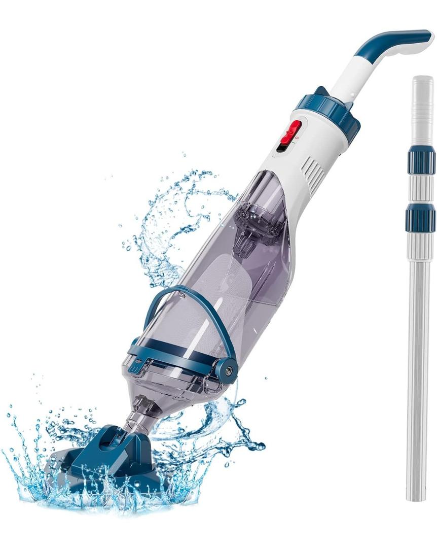 Pool Vacuum for Above Ground Pool with a Telescopic Pole, Running time up to 1H, Handheld Rechargeable Pool Cleaner with Powerful Suction up to 18.5 gallons/min, Ideal for Leaves & Debris, PC10