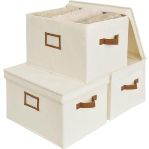 StorageWorks Storage Bins with Lids, Decorative Storage Boxes with Lid and PU Handles, Foldable Storage Baskets for Closet, Shelves, Stackable, Ivory, Jumbo, 3-Pack