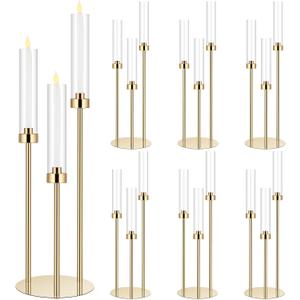 Layhit 6 Set Wedding Gold Candelabra Centerpieces for Tables, 3 Arm Tall Acrylic Candle Holder Centerpiece with Clear Shades for Reception, Party, Dining Decor, Anniversary, Fits 0.87" LED Candles