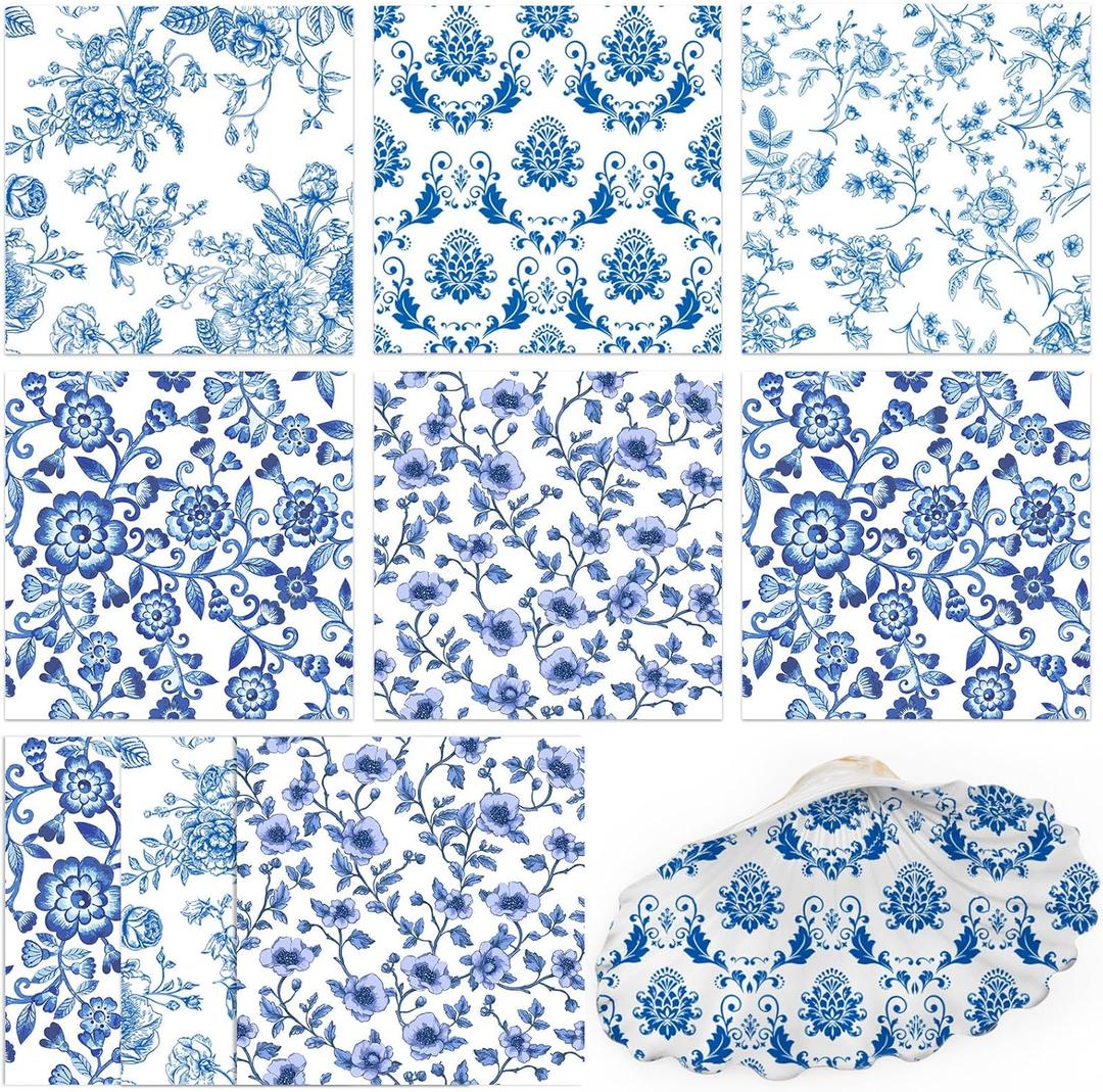 100PCS Decoupage Napkins Blue and White Floral Decorative Paper Napkins Assorted Vintage Flower Chinoiserie Decoupage Paper for DIY Crafts Birthday Party Wedding Baby Shower Decor Each Unfolded 13 In