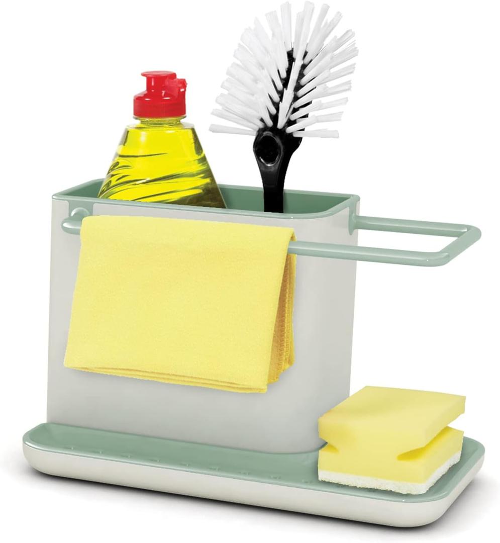Joseph Joseph Kitchen Sink Caddy Organizer, Sponge Holder, Brush Holder, Dish Cloth Hanger - Light Stone/Sage (Regular)