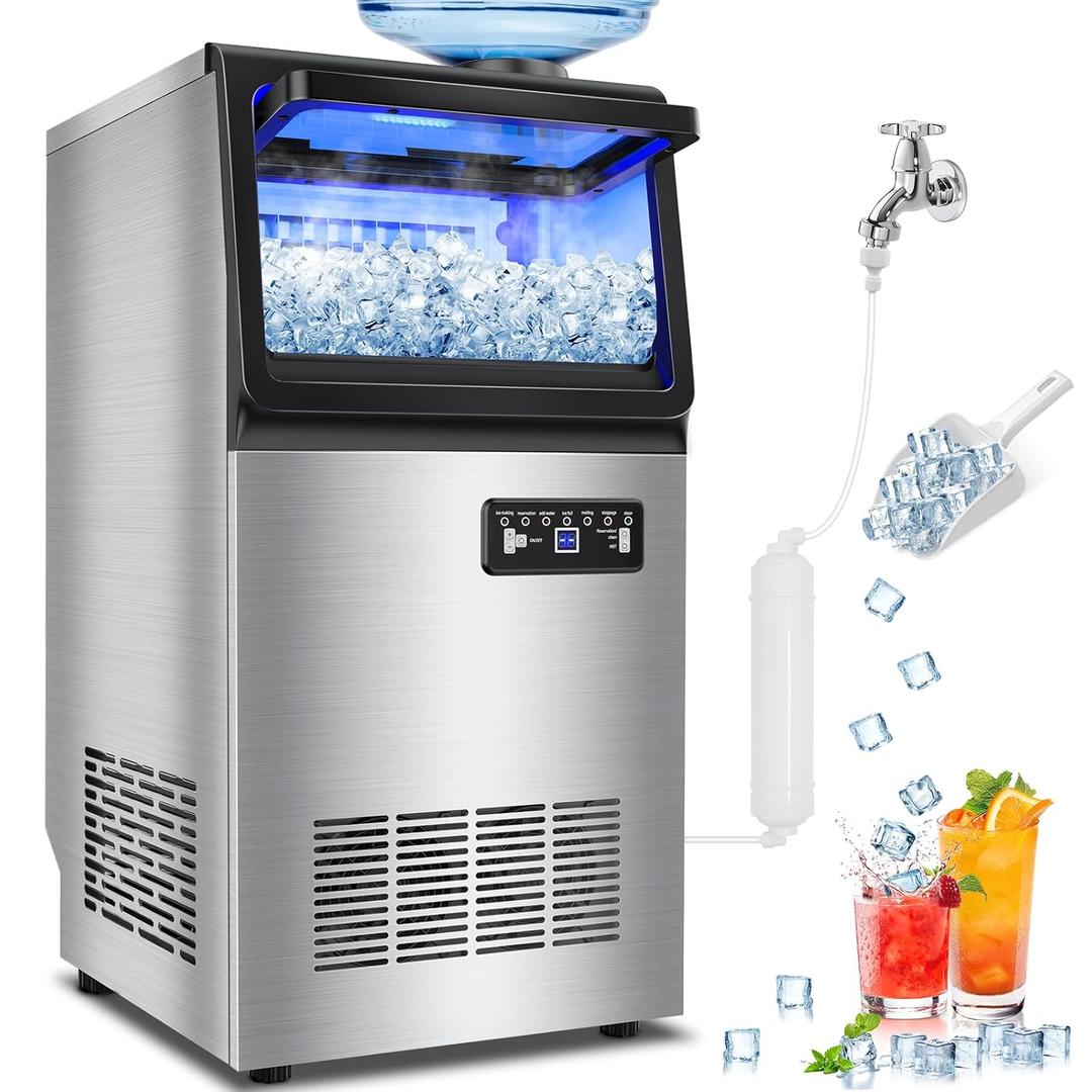 Commercial Ice Maker Machine Dual Water Inlet Options, 140LBS/24H, Freestanding Under Counter Ice Maker with Smart LCD, Self-Cleaning, Quiet for Home, Bar, Restaurant, Support 5-Gallon Bottle Water