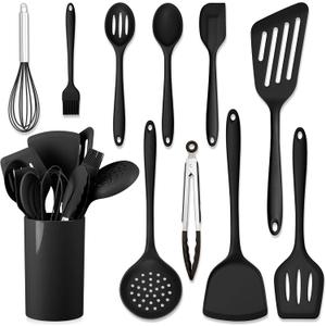HaWare 11 PCS Silicone Cooking Utensils Set, Heat Resistant Kitchen Utensils with Holder, Food-grade Spatula Sets for Nonstick Cookware, Kitchen Tools Gadgets Include Fish Turner, Spoon (Black), 11 Pieces