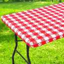 Rectangle Vinyl Table Cloth, Waterproof Elastic Fitted Tablecloth with Flannel Backing, Plastic Table Cover for Picnic, Camping, Outdoor (Red & White, 30"x60")