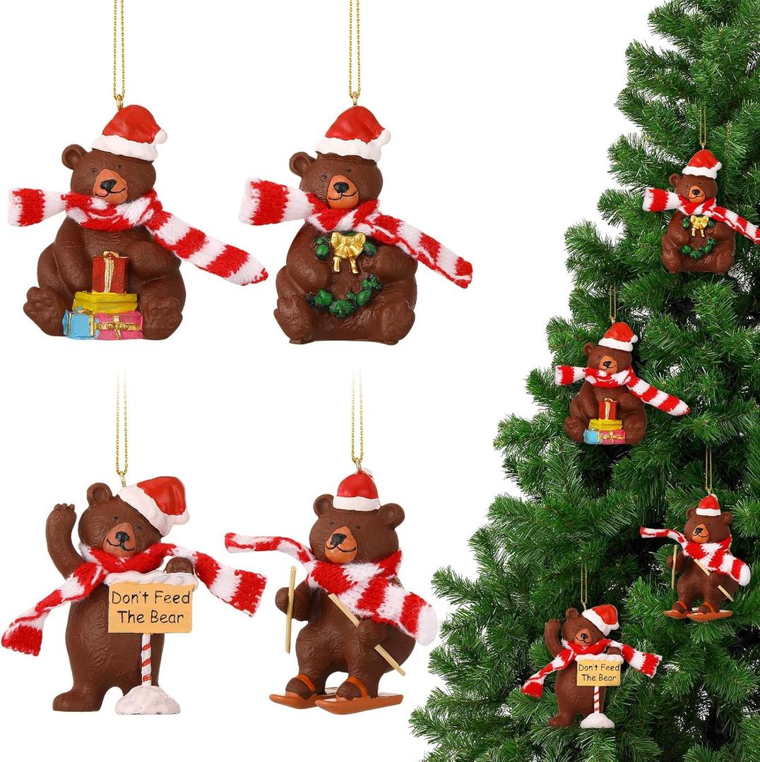 Leinuosen 4 Pcs Bear Christmas Ornaments for Tree 2.8 Inch Resin Bear Christmas Santa Hanging Ornament with Red Scarf Decor for Xmas Gifts Home Office Handmade Holiday Decoration