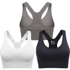 Sports Bras for Women Pack Racerback High Support Bras with Adjustable Straps-Padded Seamless Yoga Bra (X-Large, Black+gray+white)