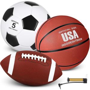 Sratte 3 Pcs Sports Balls Sport Set for Teens Adults Including Official Size Soccer Basketball Football with Pump and Carry Bag Sports Gift Back to School