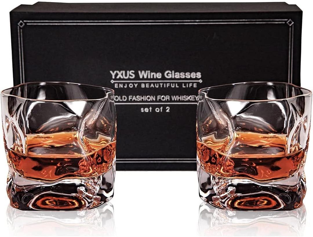 Old Fashioned Whiskey Glasses Set of 2, 10oz Clear Rock Glasses with Box, Crystal Couple Whiskey Tumbler Set, Cool Design Cocktail Bourbon Scotch and Perfect Whiskey Glasses Gifts for Men