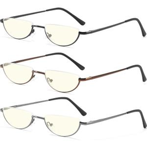 Half Lens Reading Glasses Blue Light Blocking, Half Moon Frame Semi Rim Spring Hinge Readers with Case for Men Women
