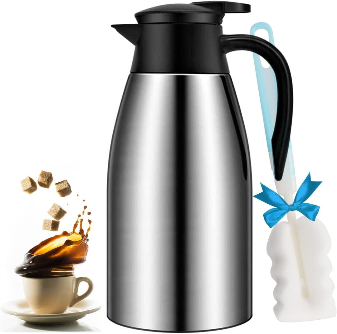 68oz Coffee Carafe Airpot Insulated Coffee Thermos Urn Stainless Steel Vacuum Thermal Pot Flask for Coffee, Hot Water, Tea, Hot Beverage - Keep 12 Hours Hot, 24 Hours Cold (Silver)