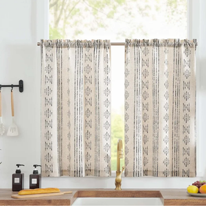 jinchan Boho Kitchen Curtains Linen Tier Curtains 24 Inches Bohemian Cafe Small Drapes Striped Mudcloth Farmhouse for Bathroom RV Camper Light Filtering Rod Pocket 2 Panels Black on Beige 24×26"
