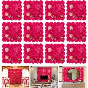 Flower Wall Backdrop 12 pcs 16.5x16.5 Inch Floral Wall Panel Artificial 3D Silk Rose Wall Decor Ideal for Wedding Celebrations, Festive Party Backdrops, and Home Decor-Rose Red