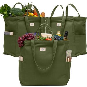 Nook Theory 3-Pack Reusable Grocery Bags - Heavy Duty, Large 12 Oz Cotton Canvas Reusable Shopping Bags With Pockets, 100% Cotton Cloth Grocery Totes, Foldable Multi Compartment (Army Green)