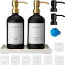 Glass Soap Dispenser for Kitchen, Farmhouse Dish Soap Dispenser&Hand Soap Dispenser Set, Rustproof Pump Lotion Dispenser Bathroom with Tray, Waterproof Label for Kitchen Decor (Black)