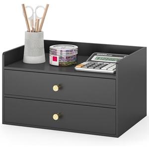 Bamboo Desk Organizer with Drawers Wooden Desktop Storage Drawers for Bills Office Supplies Kitchen Utensils Organizing Tool for Home Classroom Organization No Assembly (2 Drawers, Black)