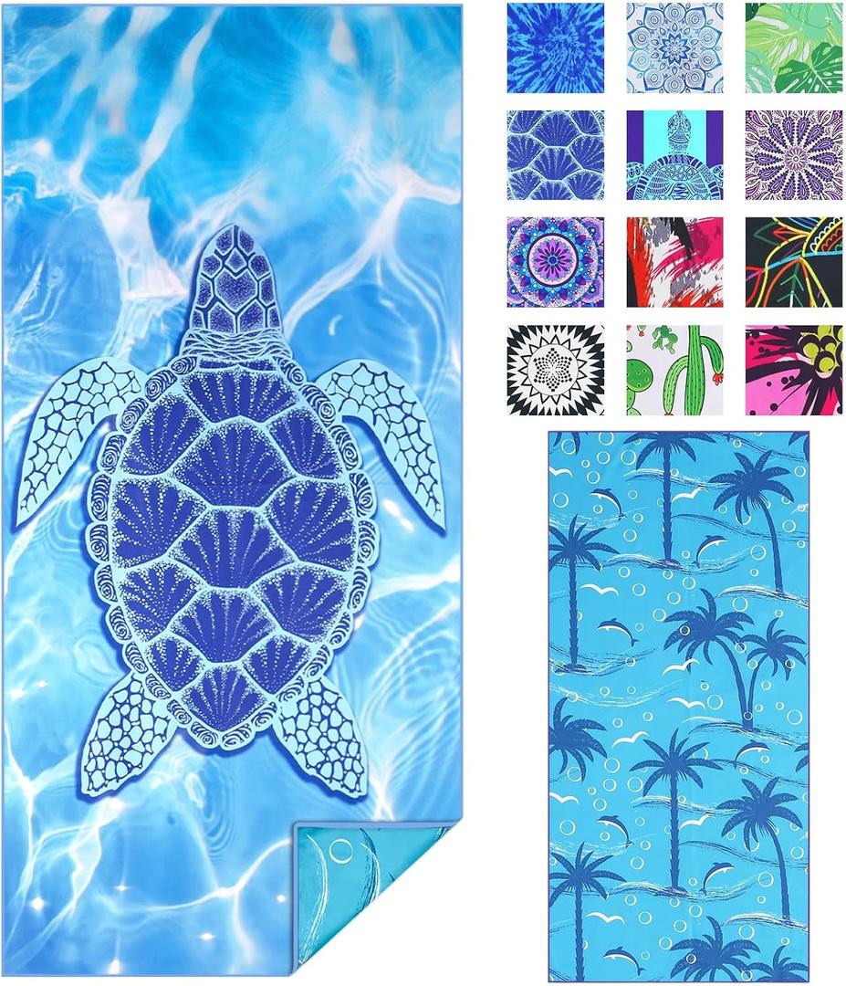 TwoYek Microfiber Thin Beach Towel Lightweight Oversized 71x32 Extra Large Sand Free Towels Quick Dry for Travel Pool Camping Sports Beach Accessories Vacation Essential Gift Turtle