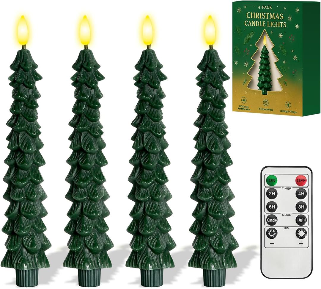 4 Pcs Christmas Tree-Shaped Flameless Taper Candles with Remote and Timer, 9.8'' Real Wax LED Window Candlesticks, 3D Flame Wick Battery Operated Christmas Tree Candles for Holiday Decoration (Green)