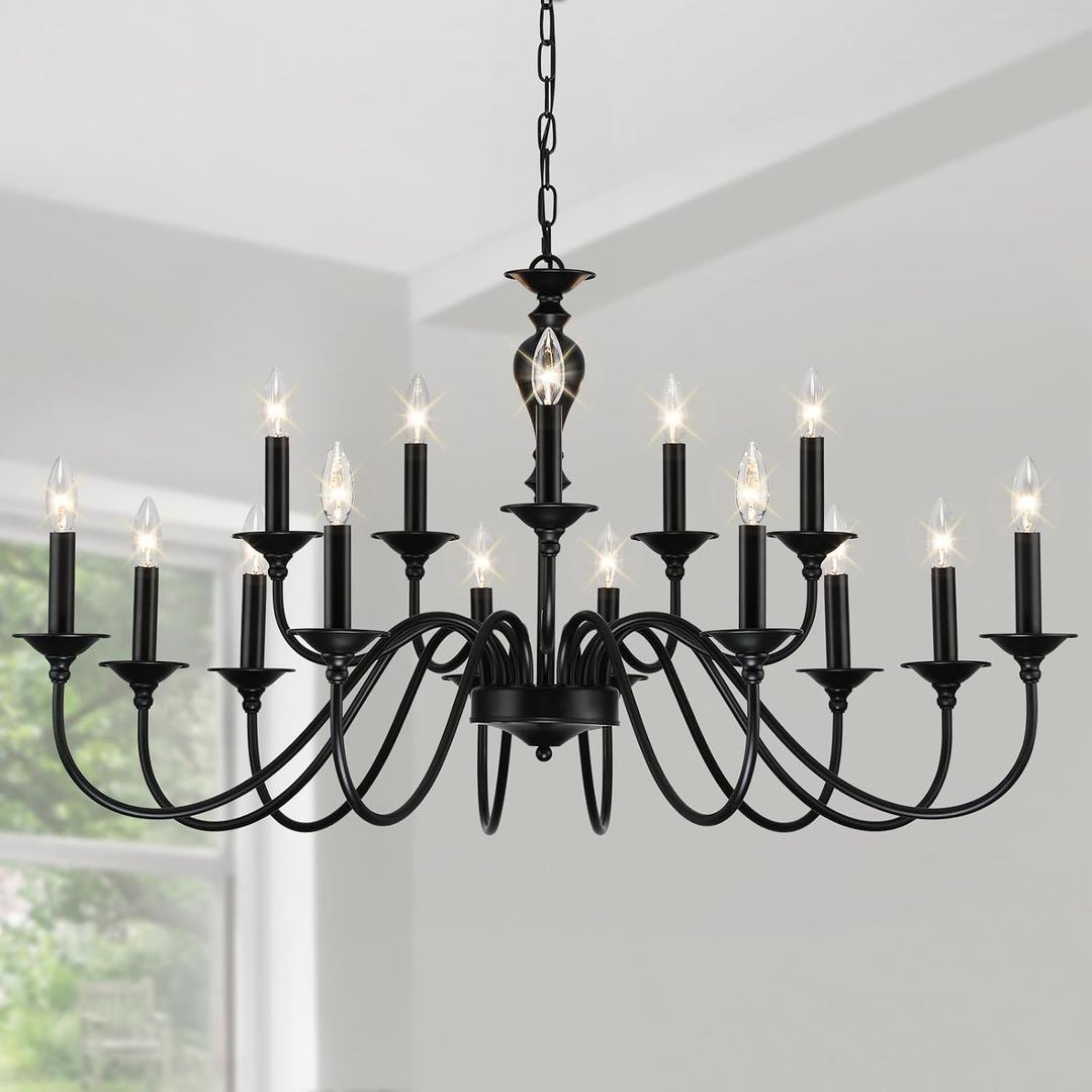 15 Light Black Farmhouse Chandelier | Large Chandeliers for Dining Room Light Fixtures Over Table | Vintage Candle Hanging Lighting for Living Room | Foyer | Staircase | Restaurant | Villa, 15 Lights D43"