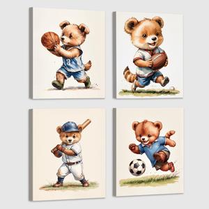 Framed Children's sports Canvas Wall Art printing Sports Decor for Boys Bedroom Rustic Soccer Baseball Rugby Basketball Canvas Pictures Kids Wall Art Vintage Ball Painting - Set of 4 (8"X10"