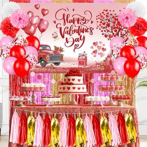 43Pcs Valentines Day Party Decorations Kit, Happy Valentine's Party Decor with Romantic Love Banner Red Pink Balloons Paper Pompoms Tassel Circle Dots Fringe Curtain for Wedding Engagement Anniversary