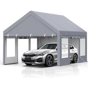 Garvee 13x20 ft Heavy Duty Carport, Extra Large Galvanized Steel Car Canopy with All-Season Tarp Cover, 4 Roll-Up Doors & Mesh Windows, Portable Garage Shelter for Car, Truck, SUV, Boat, Grey