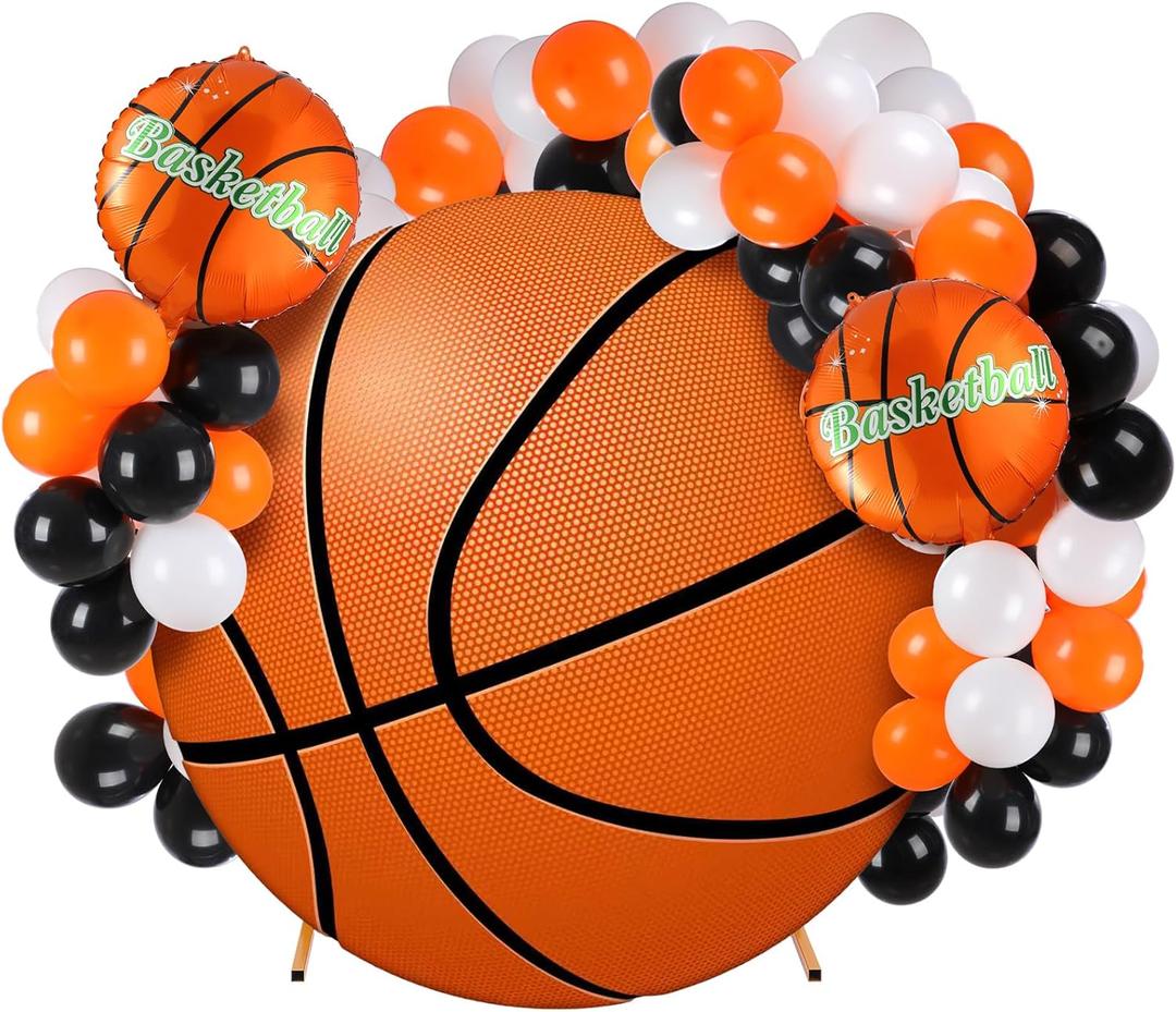 Tegeme 32 Pcs 6.5 ft Basketball Round Backdrop Cover with Aluminum Foil Balloons and Latex Balloons Sports Theme Arch Backdrop for Party Photography Birthday Party Decoration (Classic Color)