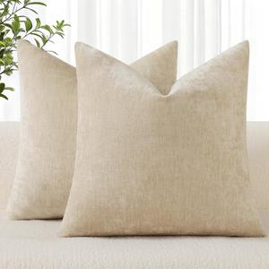 decorUhome Chenille Beige Spring Throw Pillow Covers 18x18 Inch Set of 2, Decorative Soft Couch Pillow Covers Solid Dyed Accent Farmhouse Neutral Square Pillow Cases for Sofa