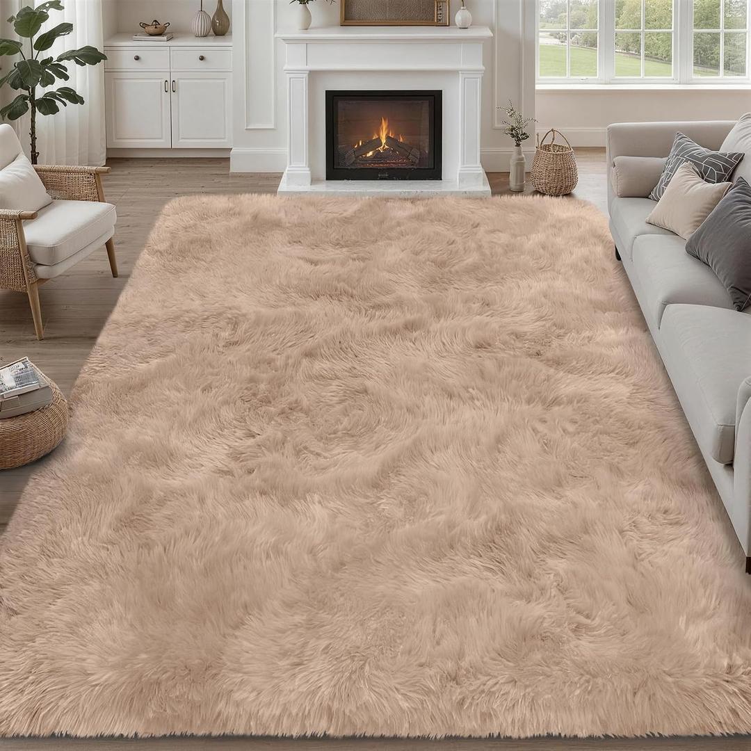 8x10 Area Rugs for Living Room Bedroom: Ultra Soft Fluffy Shag Rug Upgrade Non-Slip Non-Shedding Large Fuzzy Plush Carpet Indoor Floor Carpets for Kids Room Playroom Nursery Dorms Home Decor Beige