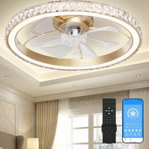 Aipsun Low Profile Modern Crystal Chandelier Ceiling Fans with Lights and Remote, 3000K-6500K Smart Bladeless LED Fan Light, 26" Gold Modern Ceiling Fans with Lights for Bedroom
