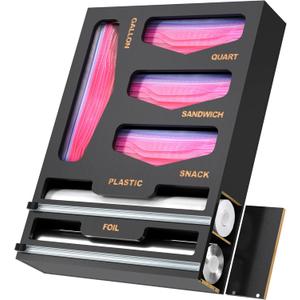 6 in 1 Bag Organizer and Wrap Dispenser with Magnetic Lid - Plastic Wrap Dispenser with Cutter for Kitchen Drawer, Storage for Gallon, Quart, Sandwich, Snack Bags, and Foil Black