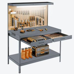 Work Bench, A3 Steel Garage Storage Workbench with Drawers Pegboard 600LBS Capacity Work Tool Bench, Workbench for Garage Workshop Basement, Work Table Light Gray