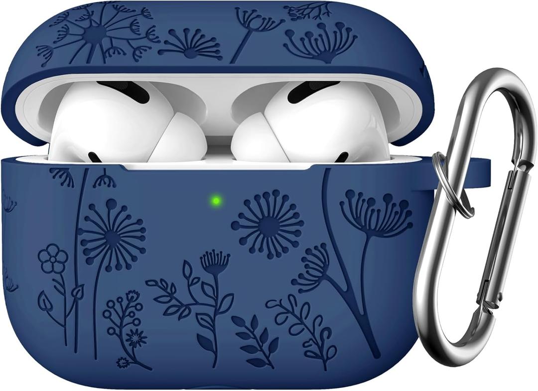 Lerobo for Airpod Pro Case 2nd 1st Generation Case USB C, Cute Flower Engraved Soft Silicone Cover Compatible with Apple AirPod Pro/Pro 2 Case, Full Protective, Front LED Visible, Midnight Blue