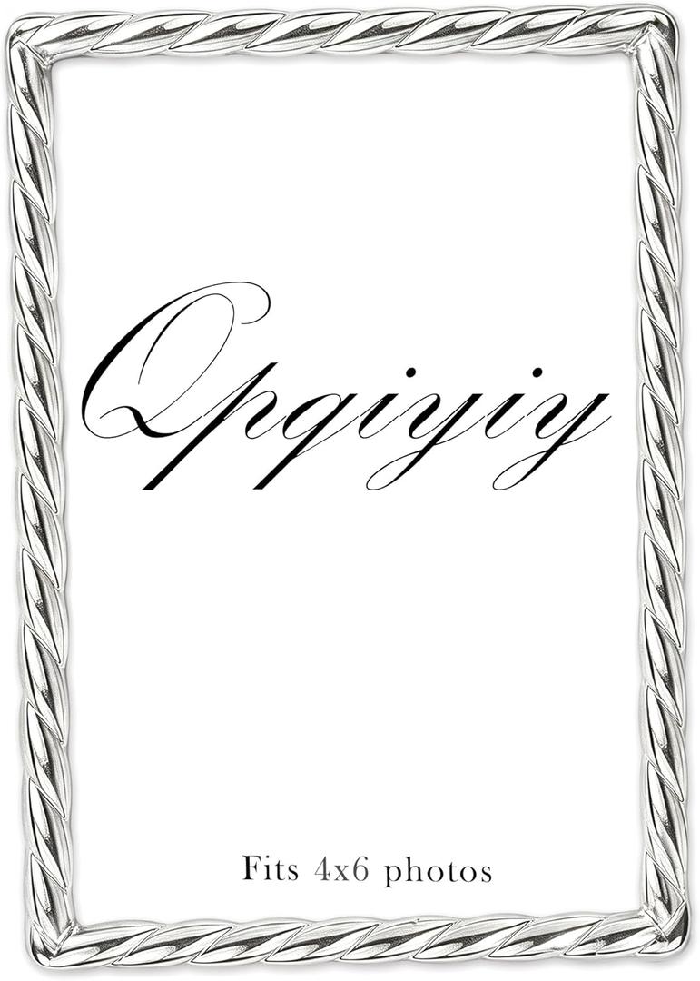 4x6 Silver Metal Picture Frame with Real Glass, Unique Cute Rope Design, Wall Mount or Tabletop Display