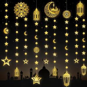 ReliThick 6 Pcs Ramadan Decorations Eid Mubarak Gold Moon Star Lantern Garland Eid Crescent Star Hanging Banner Streamers for Home Ramadan Mubarak Decor Islamic Birthday Wedding Party Supplies