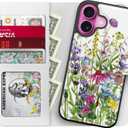 LUHOURI for iPhone 16 Case Wallet - Wireless Charging Compatible Detachable Flip Folio Leather Cover - RFID Blocking 4 Card Slots Holder - Protective Phone Case for Women - Blooming Wildflowers