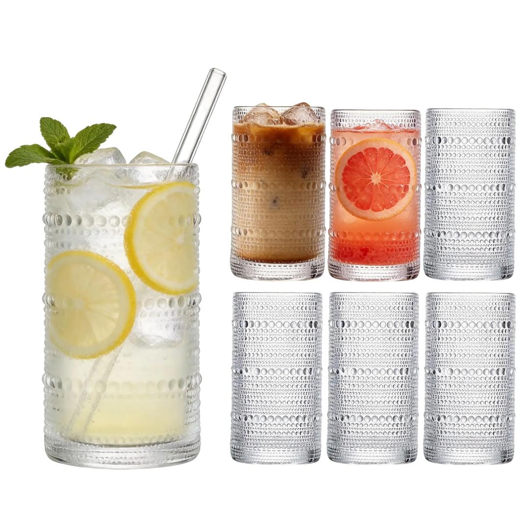 Large Hobnail Drinking Glasses Set of 6, 16oz Clear Highball Glasses Embossed Boho Water Glass Cups, Kitchen Bar Tumbler Glassware for Cocktail, Juice, Whiskey, Milk and Various Mixed Drinks