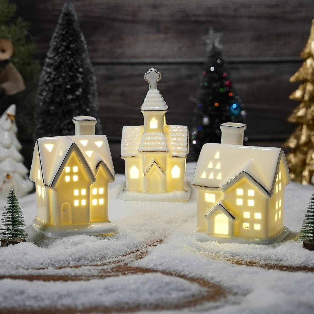 White Christmas Village Houses, 3Pcs Glazed Ceramic Houses with 3Pcs Christmas Trees, Small Light Up Xmas Village House Set for DIY, Winter Holiday Home Decor, Tabletop Centerpiece (Battery Operated)