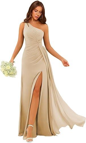 YMSHA One Shoulder Bridesmaid Dresses with Slit Pleated Formal Dress for Women YMS336 Size 4, Champagne