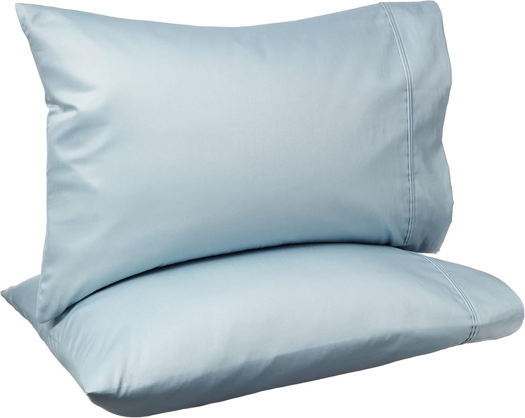 Amazon Basics 400 Thread Count 100% Cotton Pillowcases, Soft, Sateen Weave, Wrinkle Resistant, Standard Size, 20" x 30", Smoke Blue, Set of 2