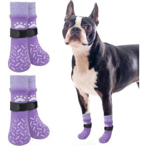 SCENEREAL Dog Socks to Prevent Licking Paws for Hot/Cold Pavement, Anti Slip High Top Dog Grip Socks for Hardwood Floors, Dog Shoes Booties&Paw Protector for Dog, Purple (S(Pack of 4))