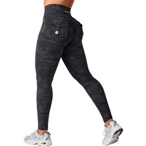 YEOREO Leggings with Pockets for Women Charm Scrunch Workout Leggings V Cross Waist Butt Lifting Gym Yoga Pants Black Camo L