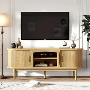 Mid Century TV Stand for TVs up to 65 Inches, Entertainment Center with Storage, Power Outlet, Fluted Sliding Doors & Adjustable Shelves, Modern Media TV Console Table for Living Room (Oak)